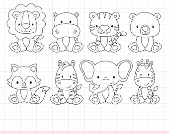 Contorno de animales salvajes para colorear SVG, PNG, DXF, imágenes prediseñadas de safari, león, tigre, cebra, jirafa, sello digital, para niños, para colorear, Svg, Dxf, imágenes prediseñadas