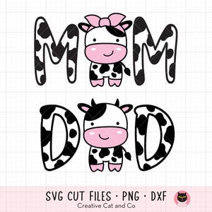 Mama Papa Kuh SVG, Png, niedliche Kuh Cartoon, Kuhfamilie, Mädchen Kuh, Briefe mit Kuhmuster, Bauernhof Geburtstag, Svg Datei für Cricut, Png, Sublimation