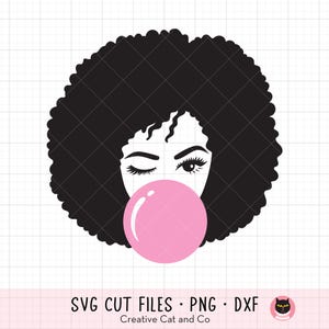 May include: Black and white silhouette of a woman with an afro blowing a pink bubble.
