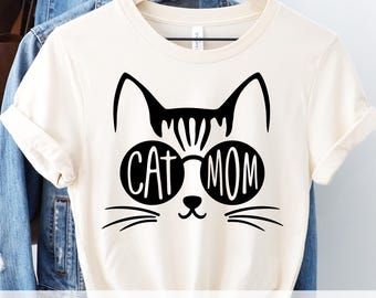 Cat Mom SVG PNG DXF Clipart | Cool Cat Face with Sunglasses | Fun One Color T Shirt Design Cut File