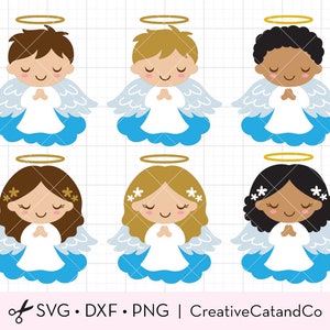 Boy Girl Angels SVG Baptism Christening Invitation Announcment Praying Little Kid Boy and Girl Angels on Cloud Svg Dxf Cut Files Png Clipart image 1