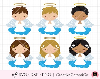 Boy Girl Angels SVG Baptism Christening Invitation Announcment Praying Little Kid Boy and Girl Angels on Cloud Svg Dxf Cut Files Png Clipart
