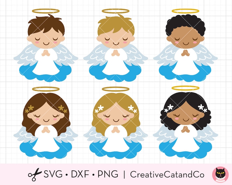 Boy Girl Angels SVG Baptism Christening Invitation Announcment Praying Little Kid Boy and Girl Angels on Cloud Svg Dxf Cut Files Png Clipart image 1