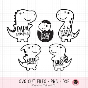 Dinosaur Family SVG, PNG, Mamasaurus Papasaurus Babysaurus Kiddosaurus, Black and White Cartoon Illustration, Clipart, Cricut Cut File, DXF