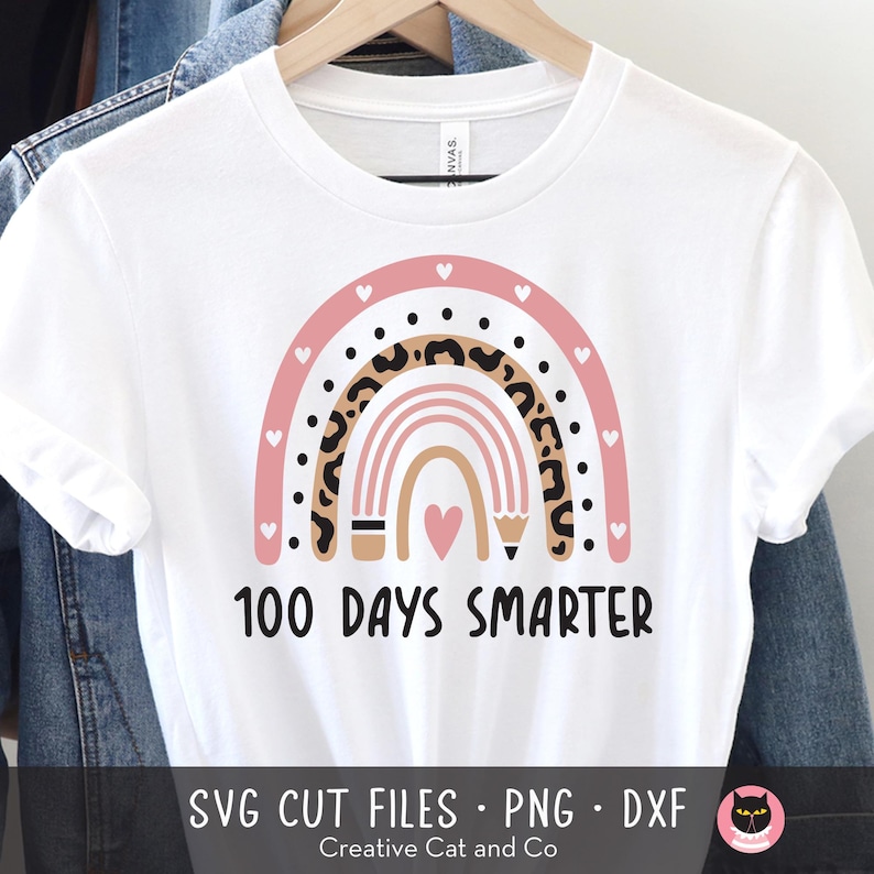 100 Days Smarter Svg, Png, Sublimation, Teacher, Girl, 100 Days of School, Pink Rainbow with Pencil, Svg, Dxf, SVG Cut Files for Cricut image 1