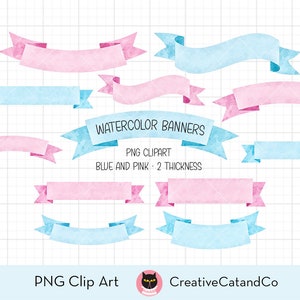 Aquarell Banner PNG Clipart - Rosa und Blaues Band Banner, Babyparty, Einladung, Pastell Etiketten, Grafik Bundle
