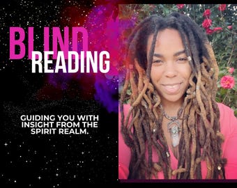 May include: A woman with long brown dreadlocks smiles at the camera. She is wearing a pink shirt and a necklace with a large crystal pendant. The background is a blurred image of a starry sky with the words "Blind Reading" and "Guiding you with insight from the spirit realm." in pink and white text.