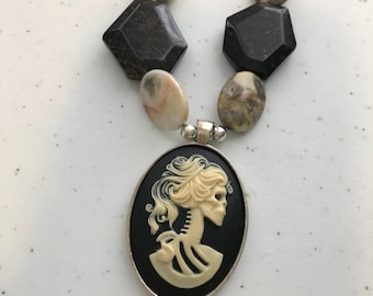 Black, ivory, and beige gothic obsidian and agate cameo pendant necklace