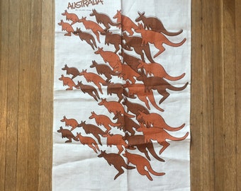 kangaroo vintage Dish Towel the bush handprinted 1970s AUSTRALIAN Souvenir Linen Roo Cotton Tea Towel kid and joey