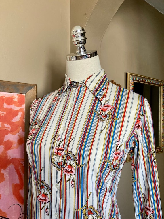 Vintage 70s Striped Butterfly Floral Button Down … - image 9