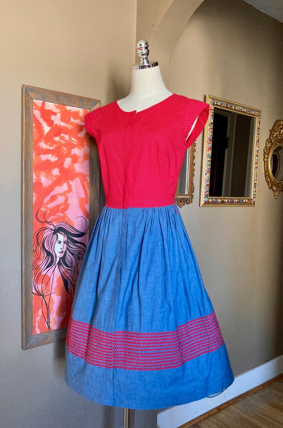 Vintage 50s Red Polka Dot & Chambray Fit and Flai… - image 7