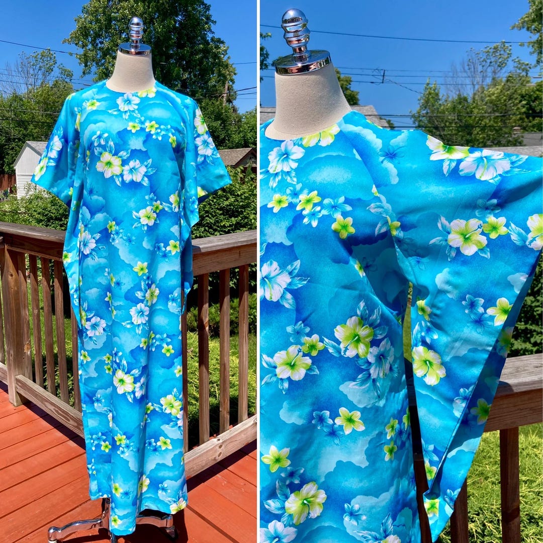 Vintage 70s Blue & Green Psychedelic Hawaiian Caftan Dress With Angel ...