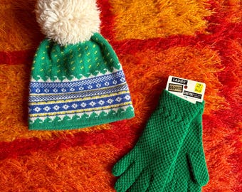 YOU PICK / Vintage 70s/80s Green Pom Ski Hat & Bright Green Gloves / Vintage Patterned Ski Hat / Vintage Winter Hat / Vintage NOS Gloves
