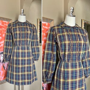 Vintage 60s Plaid Cotton Dress / Mid Century Peter Pan Collar Plaid Dress / Vintage Mid Century Plaid Dress XS/S