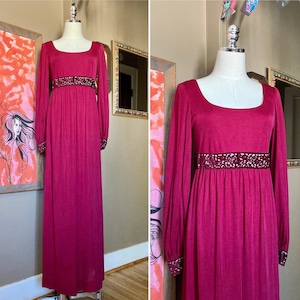 Vintage 60s Wine Red & Velvet Miss Elliette Calif Maxi Dress / Vintage Maroon  Polyester Maxi Dress / 60s Miss Elliette of Calif Maxi Dress