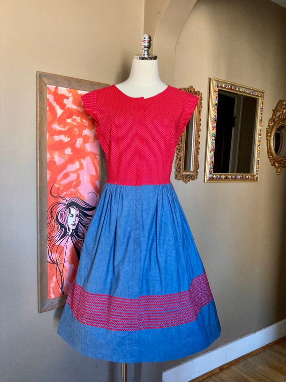 Vintage 50s Red Polka Dot & Chambray Fit and Flai… - image 2