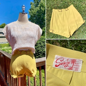 Vintage 50s Muted Chartreuse High Waisted Gold Buckle Pin-up Style Shorts / Vintage Chartreuse High Waisted Pin-up Shorts 31-32”