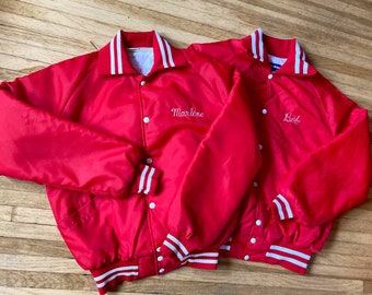 Vintage 70s Red Bomber Jackets / Vintage Couples Bomber Jackets / Vintage Red Nylon Bomber Jacket / Vintage Macqueen Orchards Jacket L/XXL