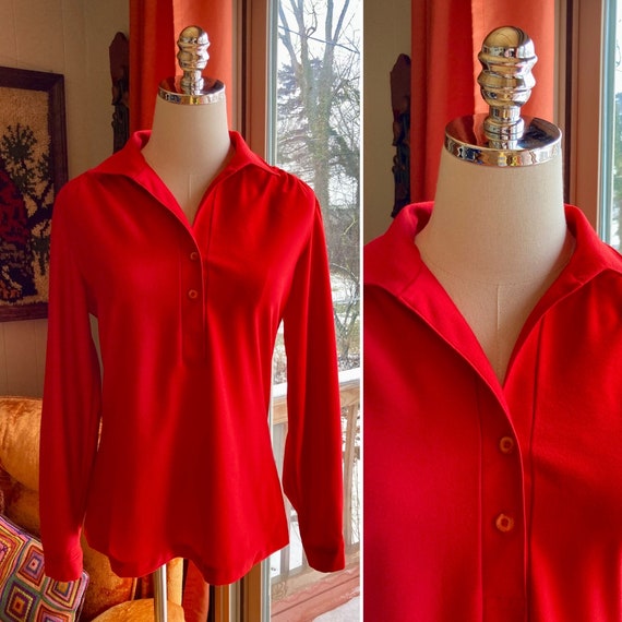 Vintage 70s Red Poly Button Down Lee Mar Blouse A… - image 1