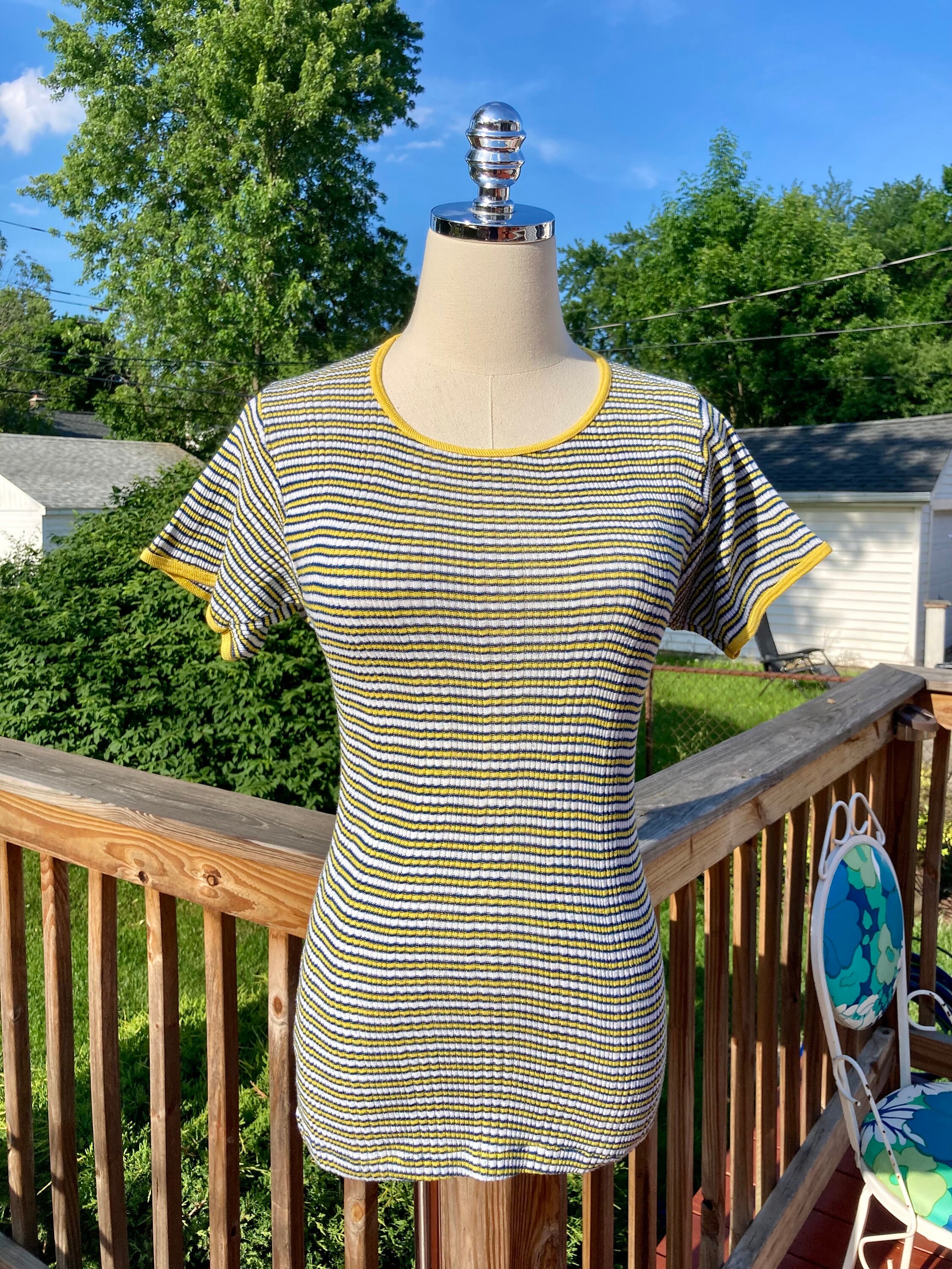 Vintage 70s Yellow & Blue Striped Jcpenney Towncraft Ringer