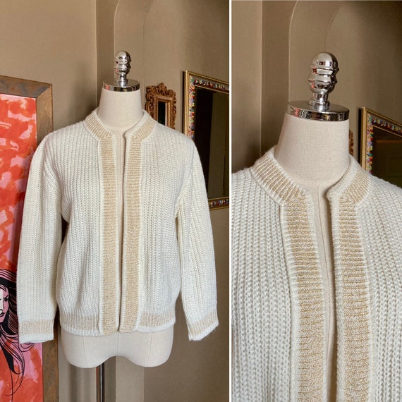 Vintage 60s Creamy White Sparkly Gold Knit Cardigan 60s White