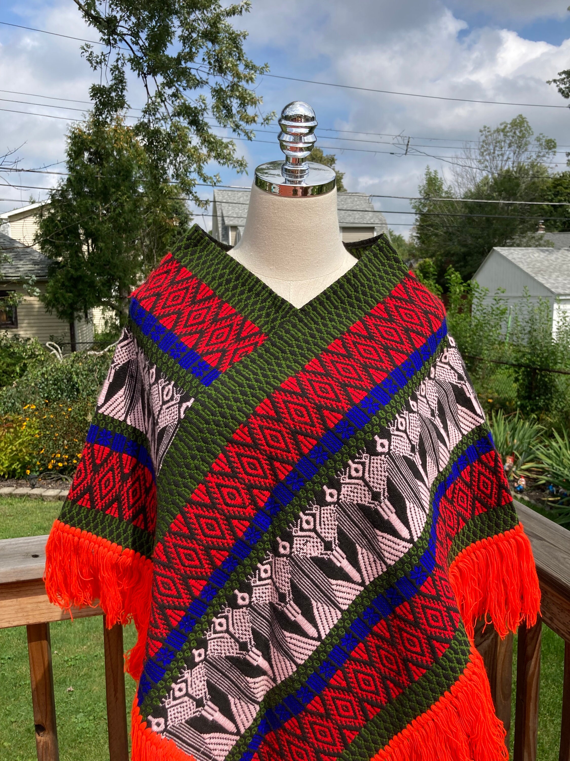Vintage 70s Electric Orange & Green Poncho Cape With Fringe