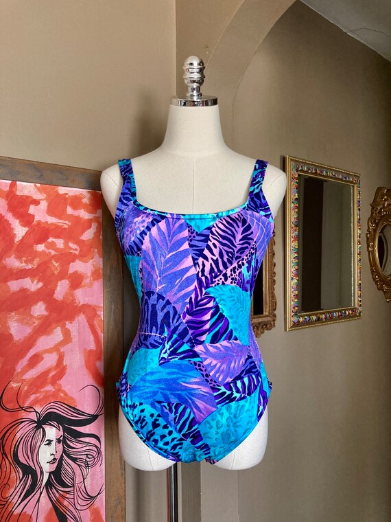 Vintage 90s Purple Aqua Abstract Animal Print Jantzen Bathing