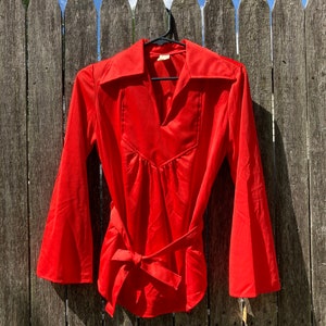 Red Satin Blouse Long Sleeve Mock Neck Career Top Shiny Silky Shirt Woman/'s Vintage 80/'s Size 8 Retro Vibrant Spring Summer Nautical