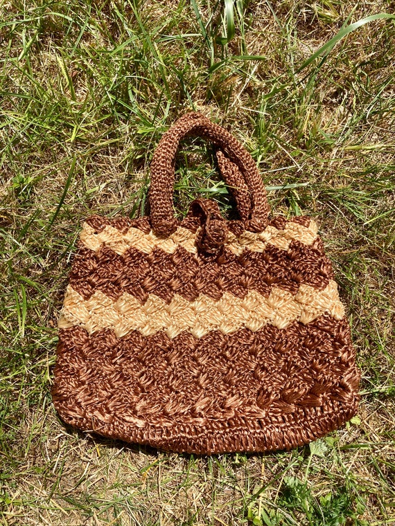 Vintage 60s/70s Brown Chevron Woven Raffia Purse … - image 2