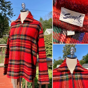 Vintage 50s Red & Black Wool Plaid Pullover Jacket / Vintage Men’s Black and Red Plaid Pullover Shirt / Vintage Plaid Wool Mackinaw Jacket