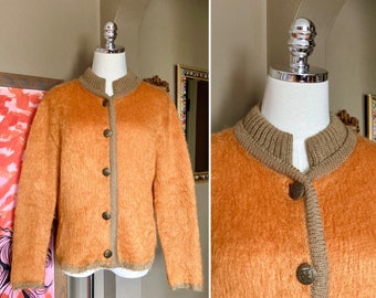 Vintage 60s Fuzzy Fox Orange & Green Mohair Blend Cardigan Sweater / Vintage Orange Mohair Blend Sweater / Vintage Orange Cardigan