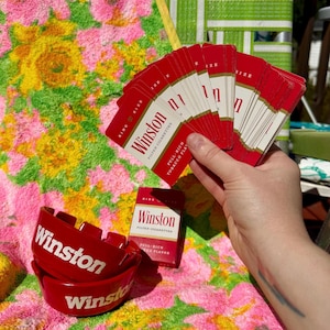 Vintage Red Plastic Winston Cigarettes Patio Ashtray Pair & Vintage Winston Playing Cards / Vintage Winston Ashtrays and Deck of Cards
