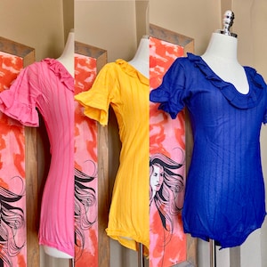 DEADSTOCK Vintage 70s Sheer Striped Bodysuit / 70s Bodysuit Shirt / 70s Pink Bodysuit / 70s Harvest Gold Bodysuit / Vintage Blue Bodysuit