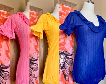 DEADSTOCK Vintage 70s Sheer Striped Bodysuit / 70s Bodysuit Shirt / 70s Pink Bodysuit / 70s Harvest Gold Bodysuit / Vintage Blue Bodysuit
