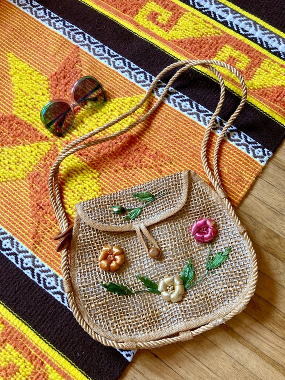 Vintage 60s Floral Woven Straw Purse / Vintage 60s