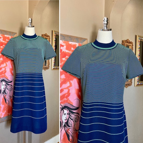 Vintage 70s Mod Blue Green Optical Illusion Striped Dress