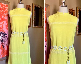 Vintage 60s Mod Yellow Linen Dress with Crochet Trim / Vintage Mod Yellow Linen Dress / Vintage 60s Mod Linen Dress