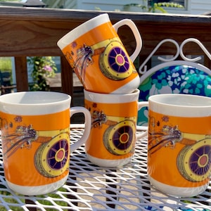 Vintage Set of Four Mod Orange Flower Power Cannon Print Mugs / Vintage Hippie Era Flower Power Cannon Mugs / Vintage Orange Floral Mugs