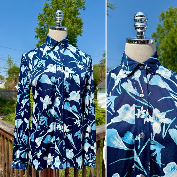 Vintage 70s Blue Abstract Floral Vera Neumann Button Down Blouse / Vintage Floral Vera Neumann Shirt / Vintage Vera Neumann Blouse