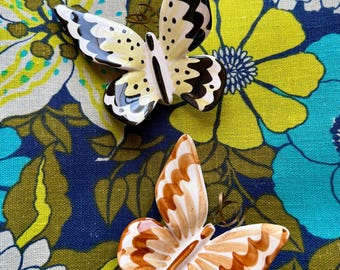 Vintage 70s Hand Painted Butterfly Wall Hangings / Pair of Vintage Ceramic Butterfly Wall Plaques / Vintage Butterfly Wall Hangings