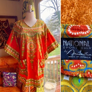 Vintage 70s Orange & Green Ethnic Angel Sleeved Tunic Top / Vintage Hippie Era Ethnic Print Shirt with Angel Sleeves