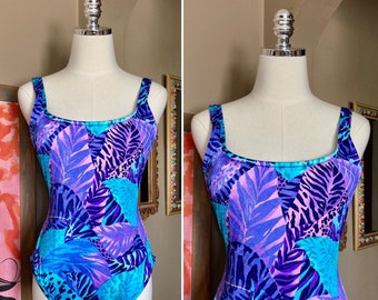 Vintage 90s Purple & Aqua Abstract Animal Print Jantzen Bathing Suit / 90s Tropical Bathing Suit /  Vintage Blue One Piece Swimsuit