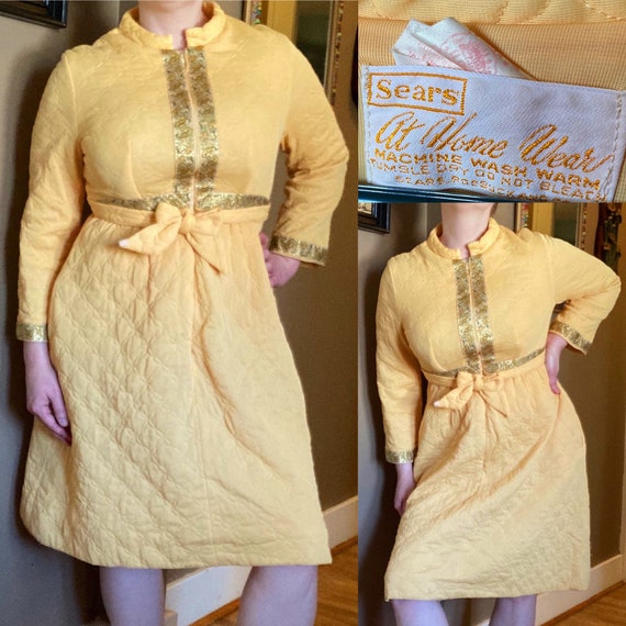 Vintage 60s Quilted Robe / Vintage Yellow Quilted