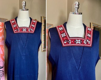 Vintage 60s/70s Blue Polyester Tank Top with Floral Trim / Groovy Vintage Blue Tank Top / Vintage Blue Polyester Top with Flower Power Trim