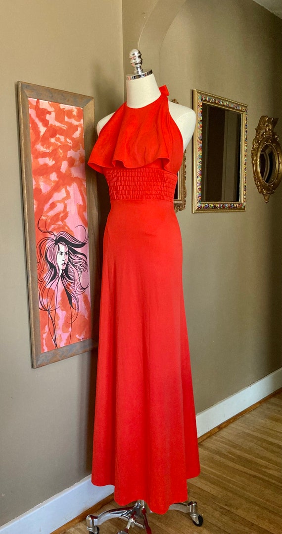 Vintage 70s Red-Orange Ruffled Disco Halter Maxi … - image 9