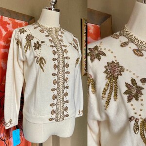 Vintage 50s Cream Beaded Sequin Cardigan / Vintage 50s Beaded Rockabilly Cardigan / Vintage Pin-up Cardigan / Vintage Angora Beaded Sweater