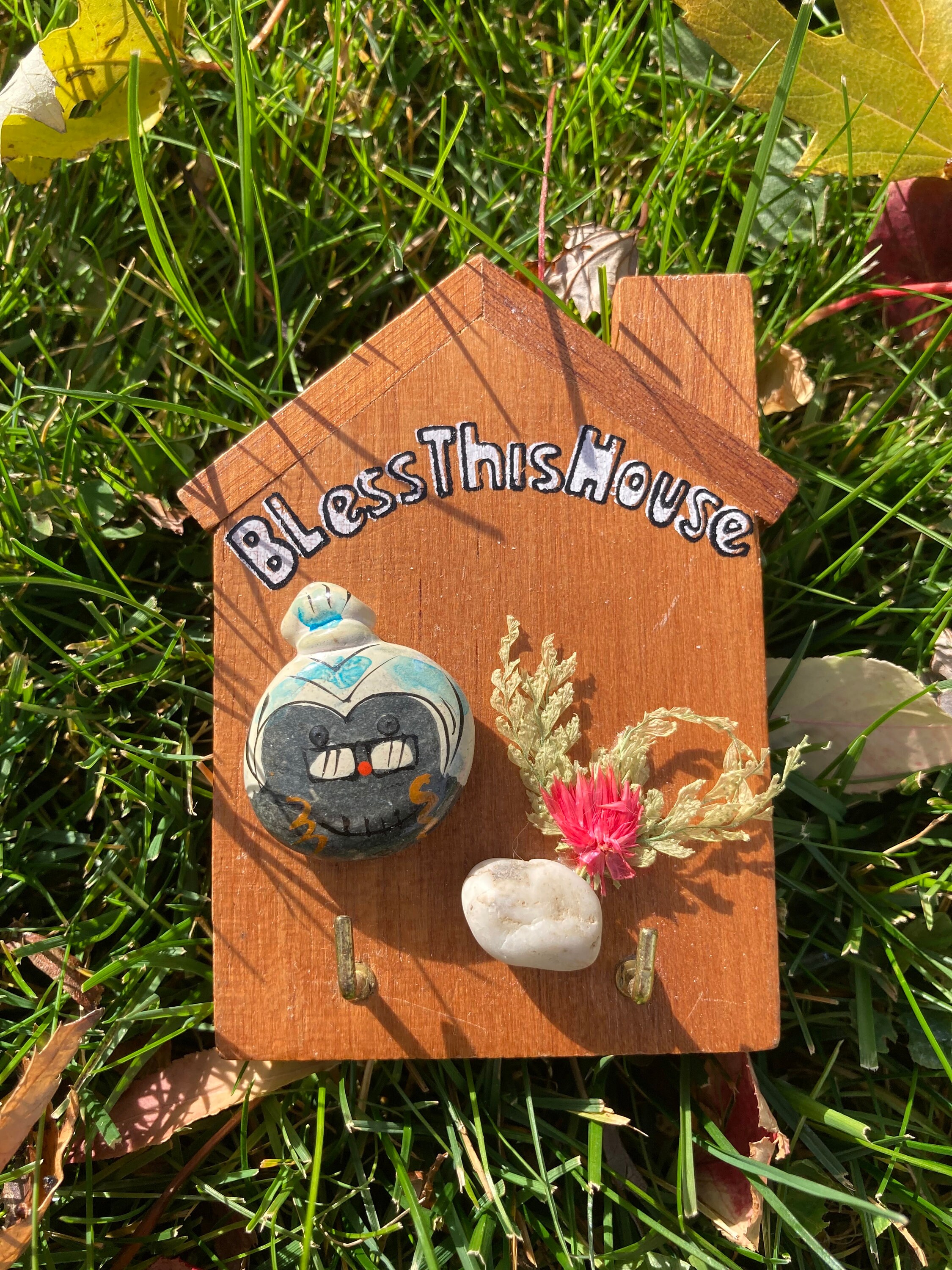 Vintage 70s NOS “Bless This House” Wood with Real Dried Flowers