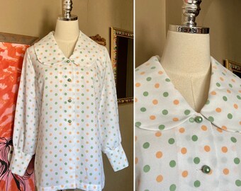 Vintage 60s/70s Mod Polka Dot Blouse with Bishop Sleeves & Exaggerated Peter Pan Collar / Vintage 60s Mod Polka Dotted Blouse