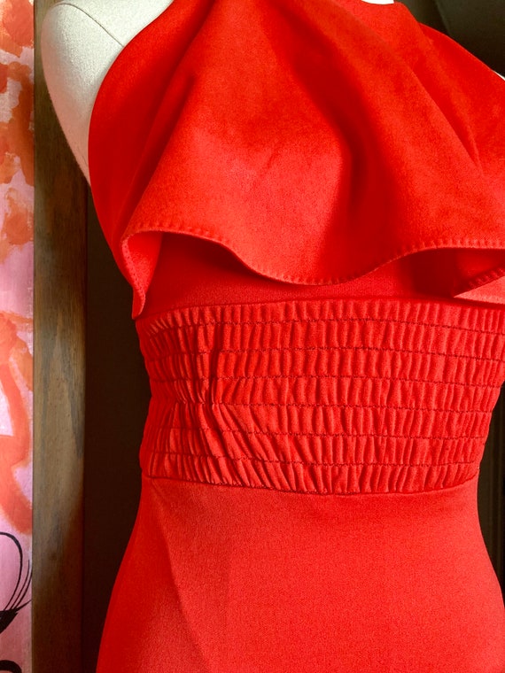 Vintage 70s Red-Orange Ruffled Disco Halter Maxi … - image 4