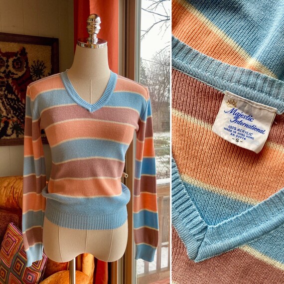 Vintage 70s Blue & Peach Pastel Stripes V-neck Sw… - image 1